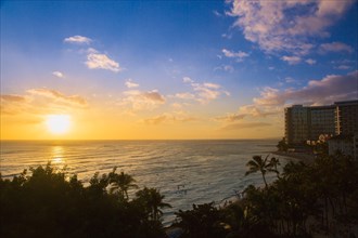 Beautiful sunset at waikiki beach in hawaii