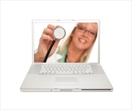 Female doctor or nurse with stethoscope on laptop screen