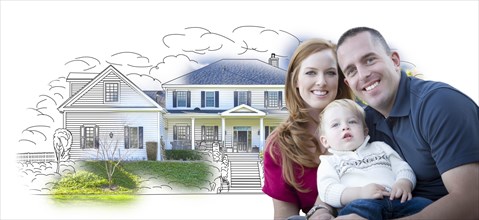 Young military family over house drawing and photo combination on white