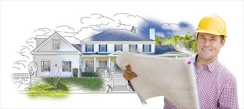 Smiling contractor holding blueprints over custom home drawing and photo combination