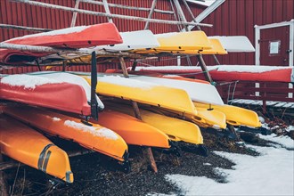 Kayaks stocked in winter in Reine fishing village