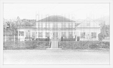 Pencil sketch of custom house on white