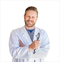 Handsome young adult male doctor with beard isolated on A white background