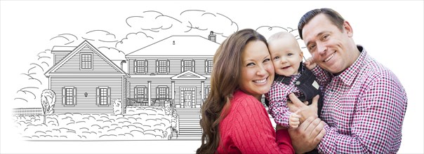 Happy young family with baby over house drawing isolated on a white background