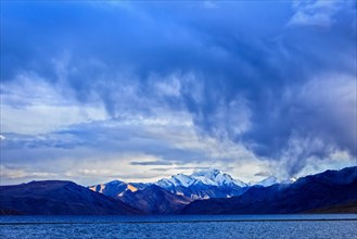Gathering storm over Himalayan lake Tso Moriri in Himalayas