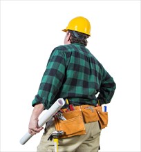 Male contractor with hard hat and tool belt looking away isolated a a white background