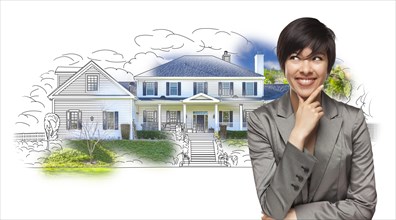 mixed-race female gazing over house drawing and photo combination on white