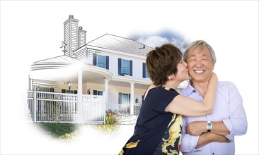 Happy chinese senior couple kissing in front of house drawing on white