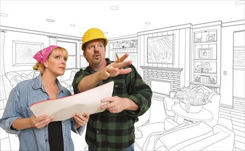 Male contractor talking plans with woman over custom living room drawing