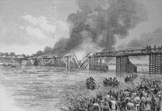 Das Feuer der grossen Oderbruecke in Glogau