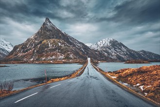 Road in Norwegian fjord. Lofoten islands