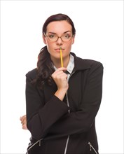 Serious mixed-race businesswoman holding A pencil isolated on a white background
