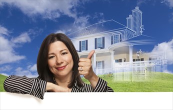 Thumbs up hispanic woman with ghosted house drawing
