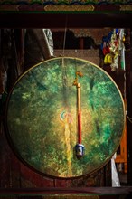 Large tibetan drum with beater in Hemis gompa