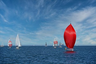 Sailing boat with red sail and sailboats