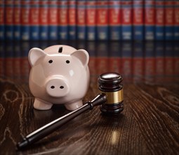 Gavel and piggy bank on wooden table with law books in background