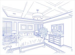 Beautiful custom bedroom design drawing in blue isolated on white