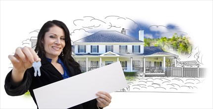 Hispanic woman holding keys and sold sign over house drawing and photo combination on white