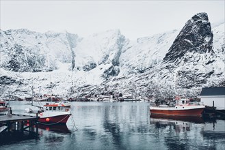 Reine fishing village on Lofoten islands with red rorbu houses in winter with snow with fishing boats. Norway