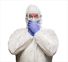 Man covering mouth with hands wearing HAZMAT protective clothing isolated on A white background