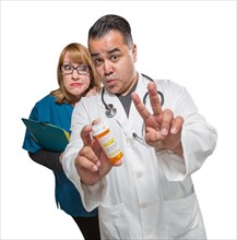 Goofy doctor and nurse with prescription bottle isolated on a white background