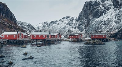 Panorama of Nusfjord authentic traditional fishing village with traditional red rorbu houses in winter in Norwegian fjord. Lofoten islands