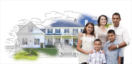 Young hispanic family over house drawing and photo combination on white