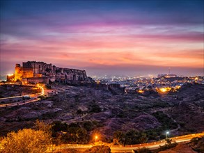 Famous indian tourist landmark Mehrangarh fort in twilight. Jodhpur