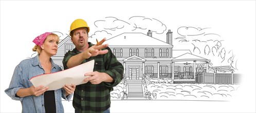 Contractor talking with customer over custom home drawing
