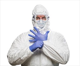 Man with intense expression wearing HAZMAT protective clothing isolated on A white background