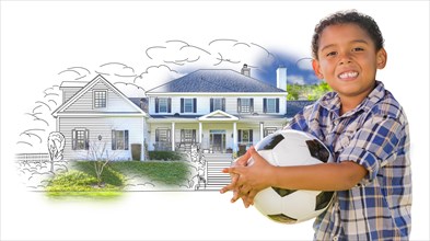 Young mixed-race boy holding soccer ball over house drawing and photo combination on white