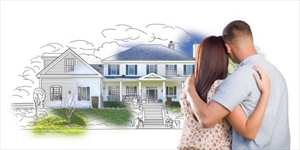 Military couple looking at house drawing and photo combination on white