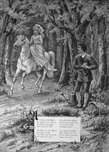 Der Hofgaertner ist in die Herrin verliebt und diese reitet zu Pferd durch den Wald