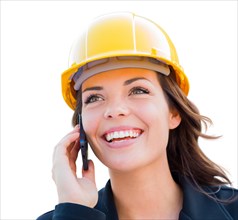 Female contractor in hard hat using cell phone isolated on white
