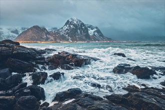 Waves crushing on rocks on rocky coast of fjord of Norwegian sea in winter. Lofoten islands