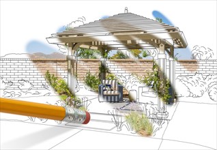 Pencil erasing drawing to reveal finished pergola patio cover design photograph