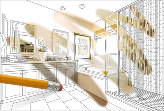 Pencil erasing drawing to reveal finished custom bathroom design photograph