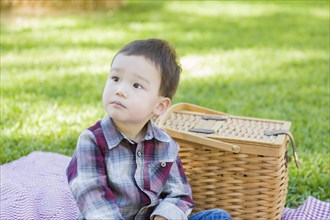 Cute young mixed-race boy sitting in park near picnic basket