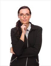Serious mixed-race businesswoman isolated on a white background