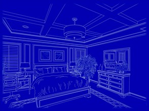 Beautiful custom bedroom design drawing in white on blue background