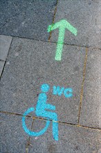 A green arrow with a blue pictogram for a wheelchair-accessible toilet points the way to a disabled toilet on the floor of the pedestrian zone