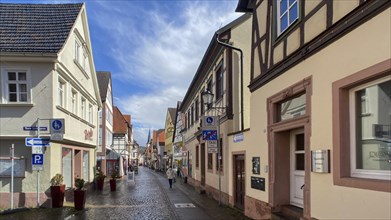 View of the pedestrian zone in the old town of Lohr am Main with half-timbered houses
