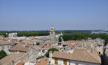 View from the amphitheatre over the old town of Arles with Eglise Saint-Julien and onto the river Rhone