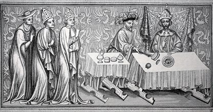 Beim Kroenungsmahl Kaiser Karls IV. wird vom Pfalzgrafen bei Rhein serviert und von der Geistlichkeit assistiert