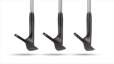 Toes of black golf club wedge irons showing various loft angles of faces on white background