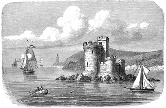 Watchtower and sailing ships on the coast of the Isle of Man in 1870