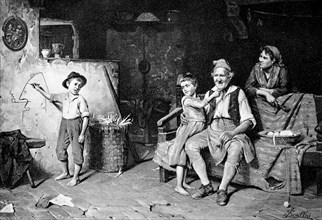 Family scene in the 19th century. The grandson draws a portrait of grandfather on the wall