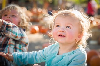 Sweet little boy plays with his baby sister in a rustic ranch setting at the pumpkin patch