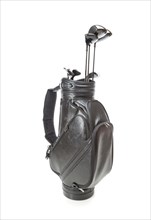 Blank large golf bag with clubs isolated on a white background
