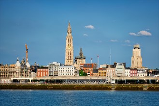 View of Antwerp over the River Scheldt with Cathedral of Our Lady Onze-Lieve-Vrouwekathedraal Antwerpen